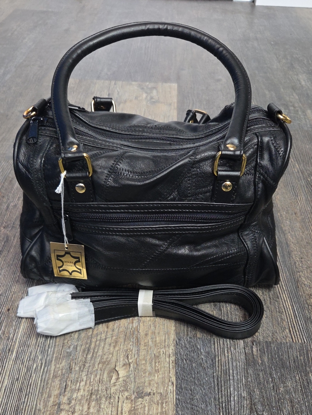 Vintage Black Patchwork Leather Satchel with Gold Hardware